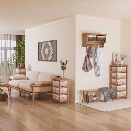 Entryway Coat Rack Wall Mounted Shelf w/ 2 Corn Husk Baskets and Hooks, Brown