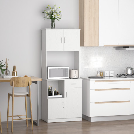 Freestanding Kitchen Cupboard, Modern Kitchen Storage Cabinet with Doors, Microwave Counter and Adjustable Shelves, White