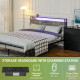 King Steel Bed Frame, with LED Lights and Headboard Shelf - Grey