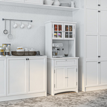 Kitchen Cupboard, Wooden Storage Cabinet with Framed Glass Door, Drawer, Microwave Space for Dining and Living Room, White