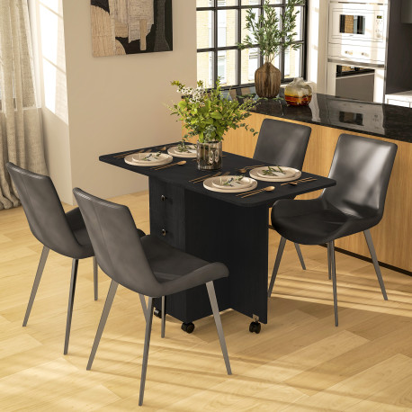 Multi-Storage Six-Person Drop Leaf Dining Table -  Distressed Black