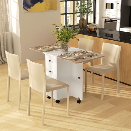 Multi-Storage Six-Person Drop Leaf Dining Table -  Oak and White