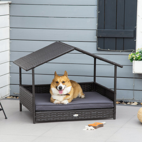 PawHut Wicker Dog Bed, Elevated Rattan Dog House with Removable Cushion and Canopy, for Small and Medium Dogs, 98 x 69 x 70cm - 