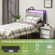 Single Steel Bed Frame, with LED Lights and Headboard Shelf - Grey