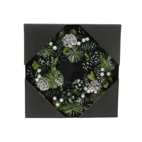 Green & Silver Glitter Pine Cone Wreath (30cm)