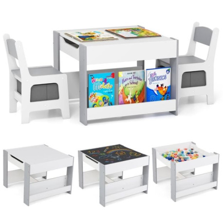 4 in 1 Kids Table and Chairs Set with Reversible Tabletop and Bookshelves