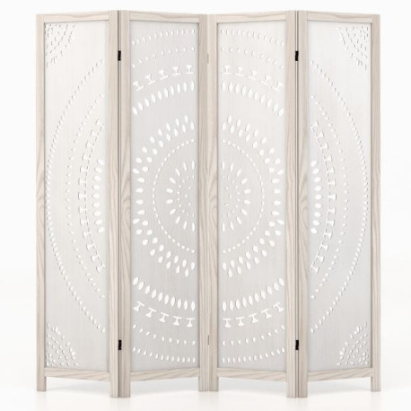 166cm 4-Panel Room Divider with Carved Pattern and Solid Wood Frame
