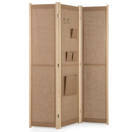 4 Panel Faux Linen Room Divider with Storage Bags