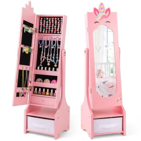 Kids Jewelry Cabinet with Full-Length Mirror and Foldable Drawer