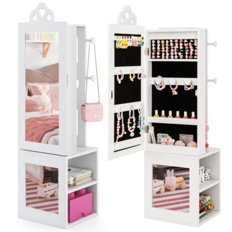 Kids Jewelry Armoire Full Length Mirror with Coat Rack and Storage Shelves