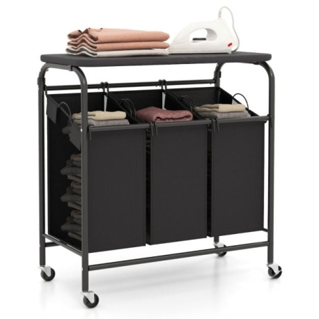 3-Bag Cart Heavy Duty Laundry Sorter Hamper with Foldable Ironing Board