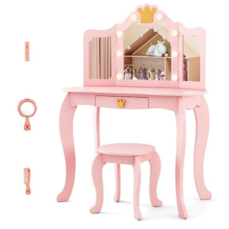 Kids Vanity Set with Lighted Mirror and Adjustable Brightness Pull-out Drawer and Stool