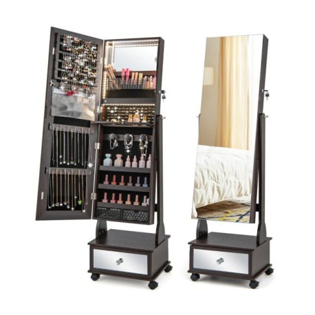 Standing Jewelry Armoire with Full-Length Mirror LED Lights and Drawers
