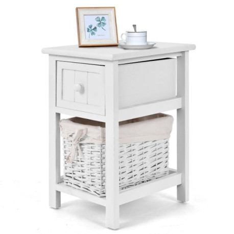 Wooden 2-Layer Bedside End Table Nightstand with Basket + Drawer