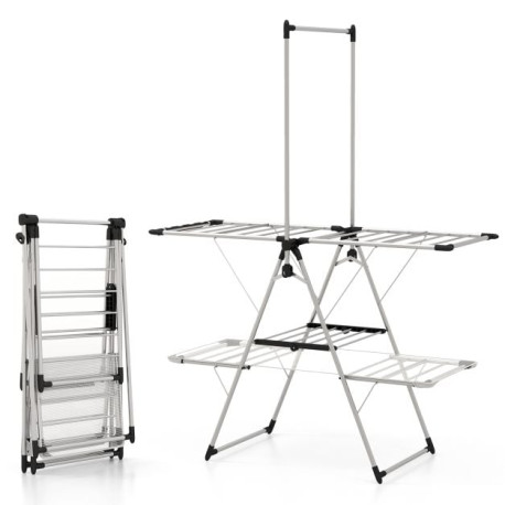 2-Tier Foldable Laundry Drying Rack with Tall Hanging Bar