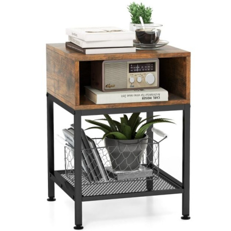 3-Tier Square End Table with Storage Cube and Mesh Shelf