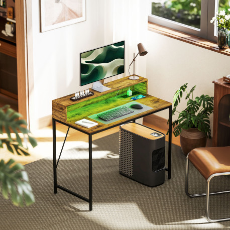 100cm Computer Desk with LED Lights and Power Outlets, Gaming Desk with Monitor Stand, Computer Table with Remote for Home Offic