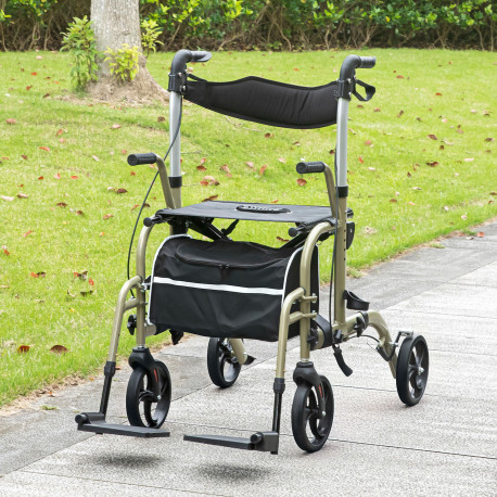2 in 1 Wheelchair & Folding Rollator Walker with Seat, Backrest, Footrest Combo, Lightweight Walking Frame with Storage Bag, Adj