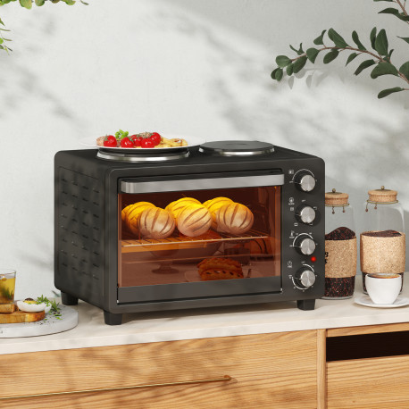 28L Mini Oven with 2 Hot Plates, Countertop Toaster Oven, Grill, Roast, Bake, Boil, with Timer, Adjustable Temperature, Electric