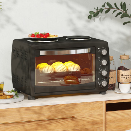 36L Small Oven with 2 Hot Plates, Countertop Toaster Oven, Grill, Roast, Bake, Boil, with Timer, Adjustable Temperature, Electri
