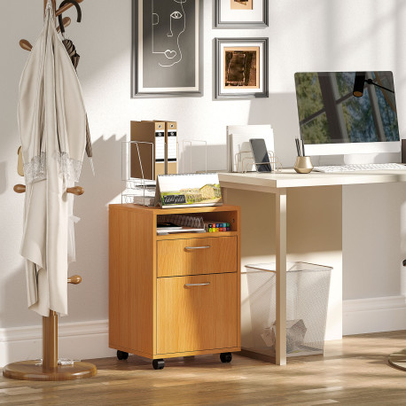 60cm Filing Cabinet with Drawer, Open Shelf, Metal Handles and 4 Wheels, Office Home Organiser Mobile Printer, Natural Wood Fini
