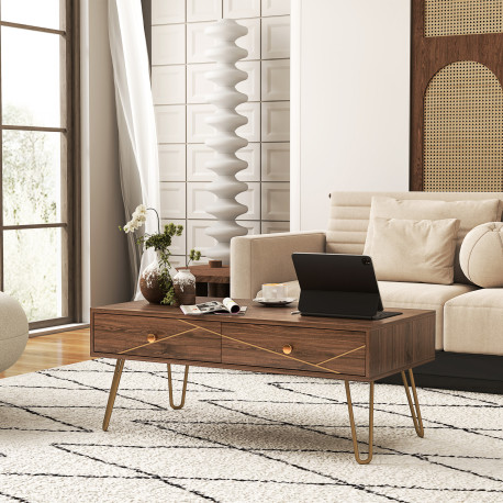 Coffee Table with Storage, Living Room Table with Drawers, Rectangular Tea Table with Steel Base for Home, 100 x 50 x 41 cm, Bro