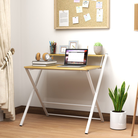 Compact Folding Desk for Small Spaces, Foldable Computer Desk with Storage Shelf for Home Office, 2-Tier Study Writing Table, 86