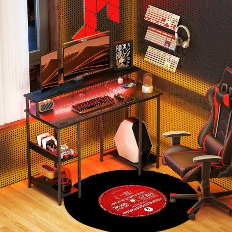 Computer Desk with Power Outlets and LED Lights, 120 x 50cm Reversible Home Office Desk with Monitor Stand and 2-Tier Storage Sh