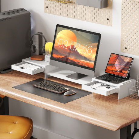 Dual Monitor Stand Riser with 2 Drawers, Adjustable Length and Angle, 116cm Monitor Riser for Laptop, Computer, PC, Small Printe