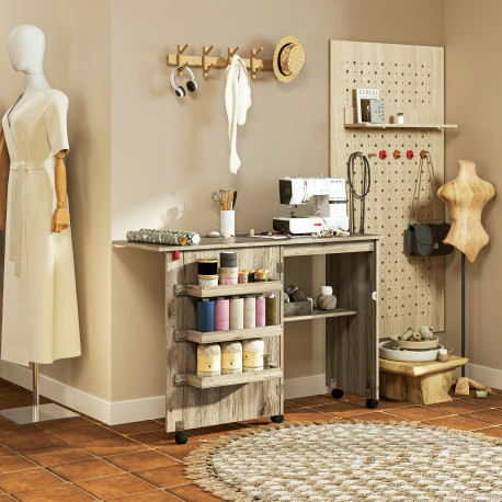 Folding Sewing Table, Drop Leaf Craft Table with Storage Bins, Open Shelf and Wheels, Rolling Sewing Machine Cabinet Computer De