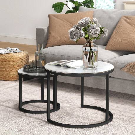 Glass Coffee Table Set of 2, Round Nest of Tables with Marble-Effect Tempered Glass Tabletop and Steel Frame, Modern Side Tables