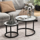 Glass Coffee Table Set of 2, Round Nest of Tables with Marble-Effect Tempered Glass Tabletop and Steel Frame, Modern Side Tables