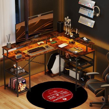 L Shaped Gaming Desk with LED Lights and Power Outlets, 150cm Corner Computer Desk with Monitor Stand and Storage Shelves, Home 