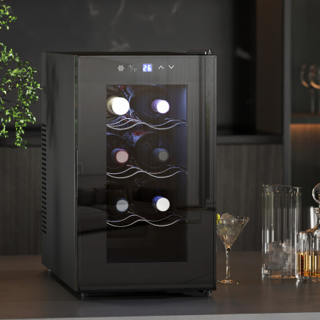 Mini Wine Fridge, 8 Bottle, 21L, 26.5cm, Freestanding and Under Counter, Quiet Wine Cooler Fridge with Glass Door, LED Light, Di