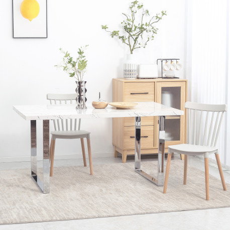 Modern Dining Room Table Rectangular Kitchen Table for 6-8 People with Marble Effect Tabletop Steel Legs 160 cm White