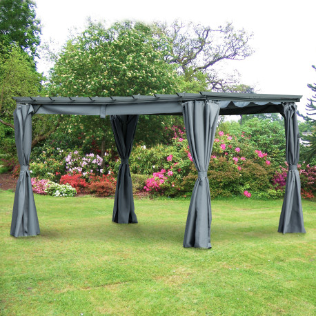 Outsunny 3.6 x 3(m) Outdoor Pergola with Retractable Roof and Curtains, Garden Gazebo Canopy Sun Shade Shelter with Aluminum Fra