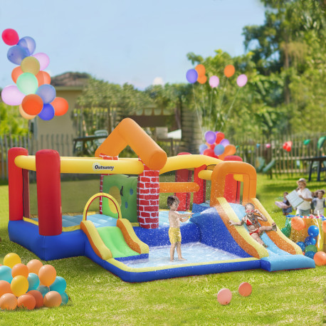 Outsunny 4 in 1 Kids Bouncy Castle Extra Large Double Slides & Trampoline Design Inflatable House Pool Climbing Wall with Blower