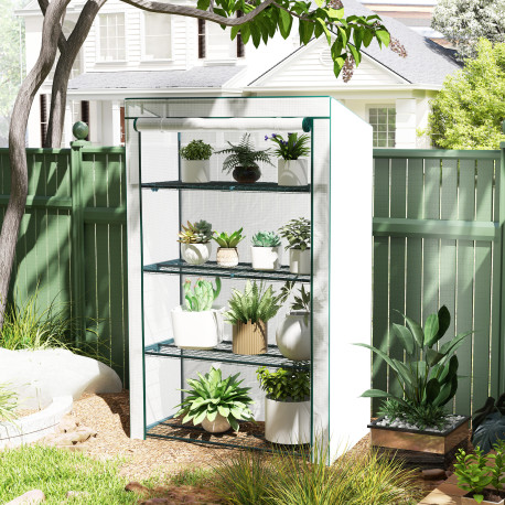 Outsunny 4 Tier Lean-to Mini Greenhouse with Reinforced PE Cover, Portable Small Greenhouse with Roll-Up Door, Green Hemmed Edgi