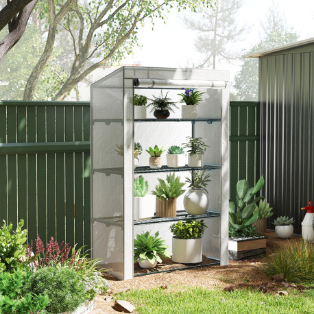 Outsunny 4 Tier Lean-to Mini Greenhouse with Reinforced PE Cover, Portable Small Greenhouse with Roll-Up Door, Grey Hemmed Edgin