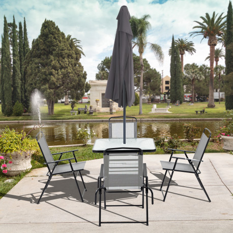 Outsunny 5 Piece Garden Dining Set Outdoor Dining Furniture 4 Folding Chairs, Glass Top Table with Parasol Hole, Texteline Seats