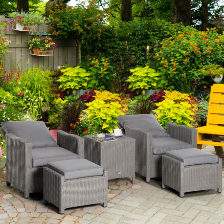 Outsunny 5 Pieces Outdoor PE Rattan Garden Furniture with Cushions, Patio Lounge Adjustable Backrest Chairs, Footstools and Cool