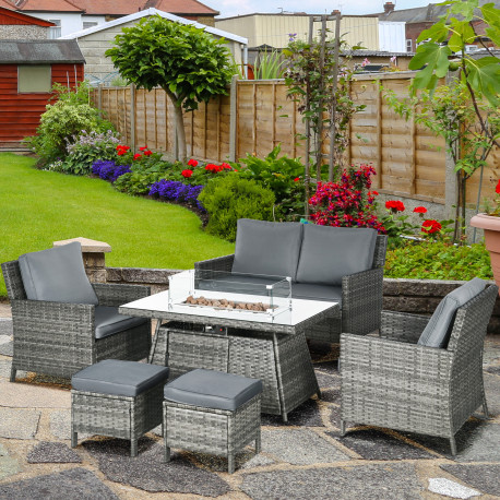 Outsunny 6 Seater Rattan Garden Furniture Set, Gas Fire Pit Table, Wicker Loveseat, 2 Armchairs and 2 Footstools, 6 Piece Patio 