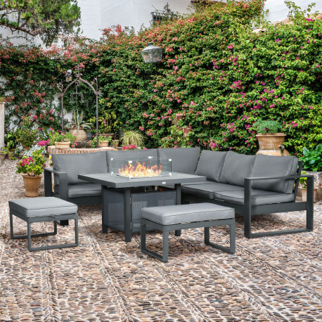 Outsunny 6-Piece Aluminium Garden Furniture Set, Outdoor Conversational Corner Sofa Loveseat Footstool Sectional with Gas Fire P