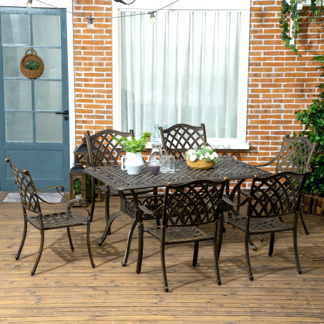 Outsunny 7 PCs Garden Patio Dining Set with Parasol Hole, Cast Aluminium Outdoor Furniture Set with Six Cushioned Chairs and Rec