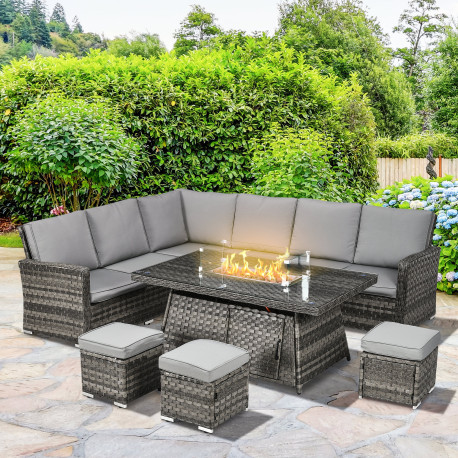 Outsunny Seven-Piece Firepit Table Rattan Sofa Set - Grey