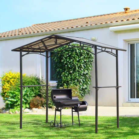 Outsunny 8ft x 5ft Outdoor BBQ Protective Gazebo Tent Aluminium Steel Frame w/ 2 Shelves Hardtop Roof Canopy Ground Stakes Safe 
