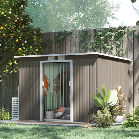 Outsunny 9ft x 4ft Metal Garden Shed, Outdoor Tool House with Foundation Kit, Ventilations and Double Doors, Light Grey Wood Gra