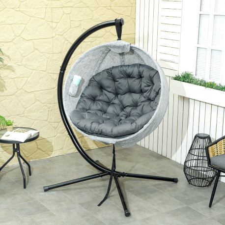 Outsunny Hanging Egg Chair Outdoor Indoor Garden Swing Chair with Folding Basket, Garden Hanging Chair with Stand, Thickened Cus
