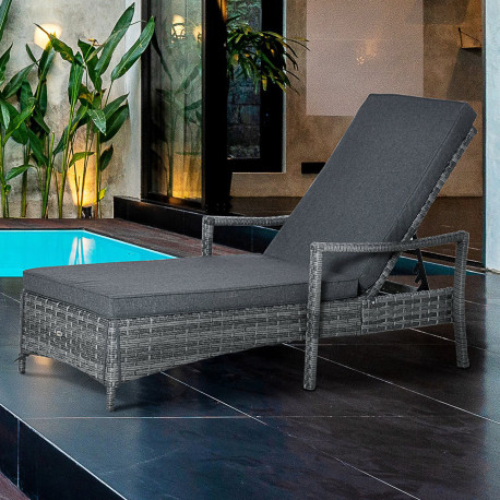 Outsunny Patio Rattan Sun Lounger, Dual Wicker Weave Outdoor Single Reclining Chair Furniture, 4-Level Adjustable Backrest w/ Re