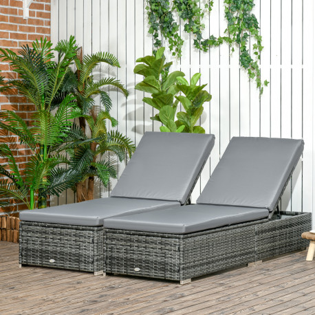 Outsunny PE Rattan Sun Loungers set of 2 with Cushion, Outdoor 2 Pieces Garden Sunbed Furniture with 5-Level Recliner Backrest, 